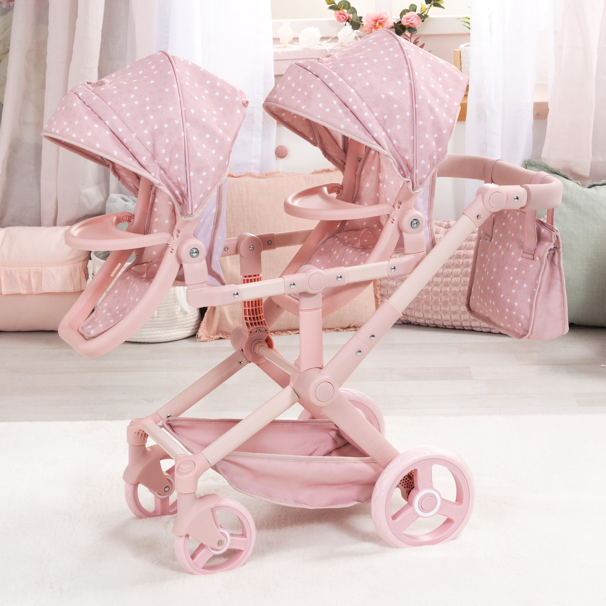 Bayer Design: Doll Pram Xeo Twin - Soft Pink & Polka Dot - Push Stroller, 2 Adjustable Seats & Handle, Handbag, Toy Accessory Fits 18" Dolls, Kids 3+
