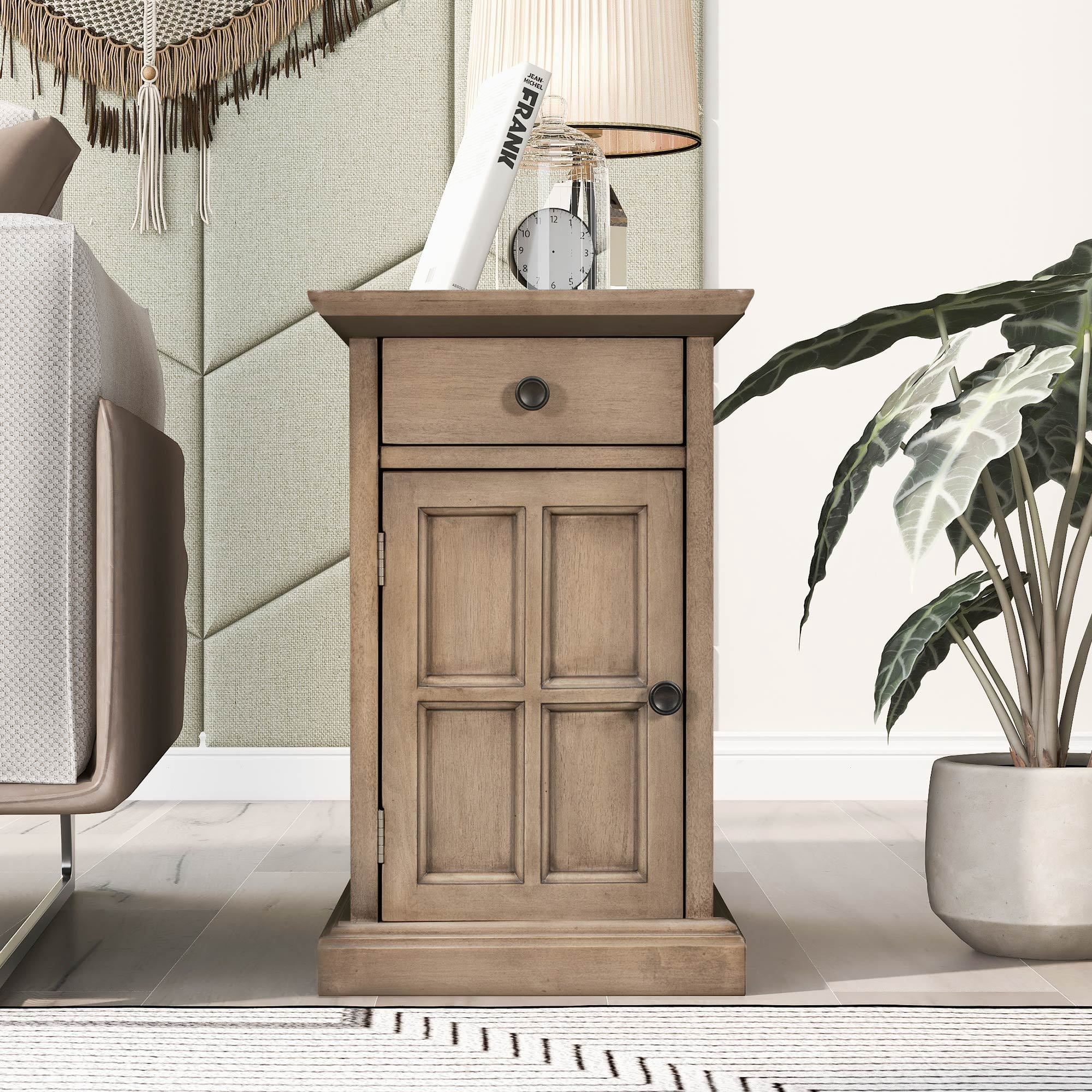 Modern End Table Side Table with USB Ports & Cup Holders,Accent Table Bedside Table for Small Spaces,Living Room,Bedroom,Brown
