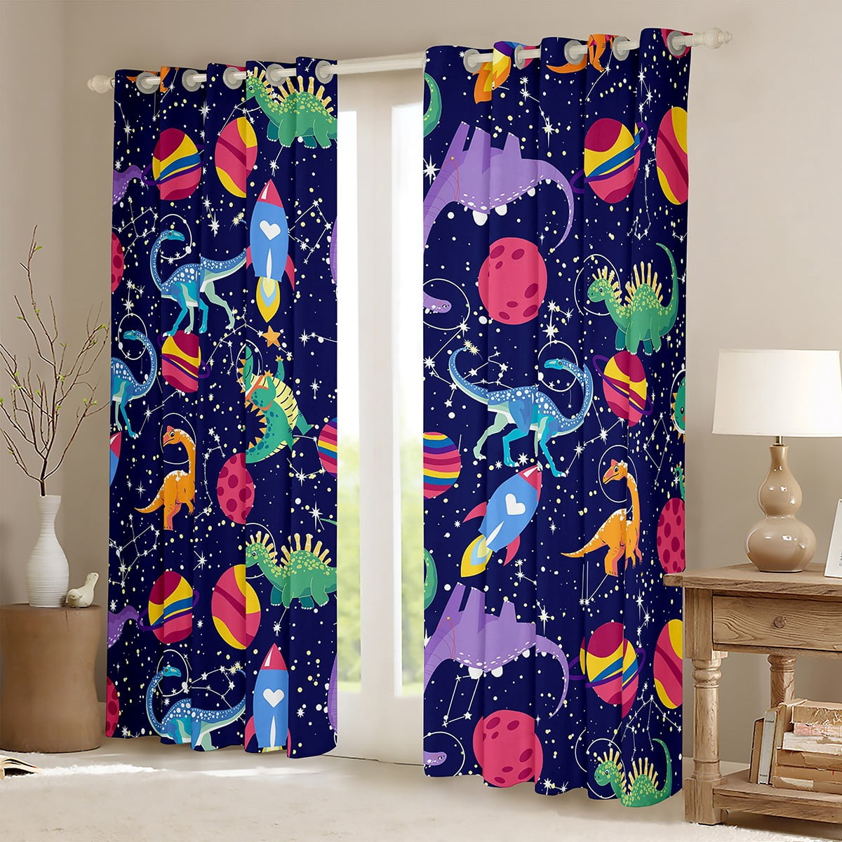 Homewish Colorful Cartoon Dinosaur Black Out Curtains,Rocket Pattern Curtains Pack of 2 (42x63 Each),Constellation Print Galaxy Planet Bedroom Curtains For Boy Kids,Microfiber Bedroom Decor