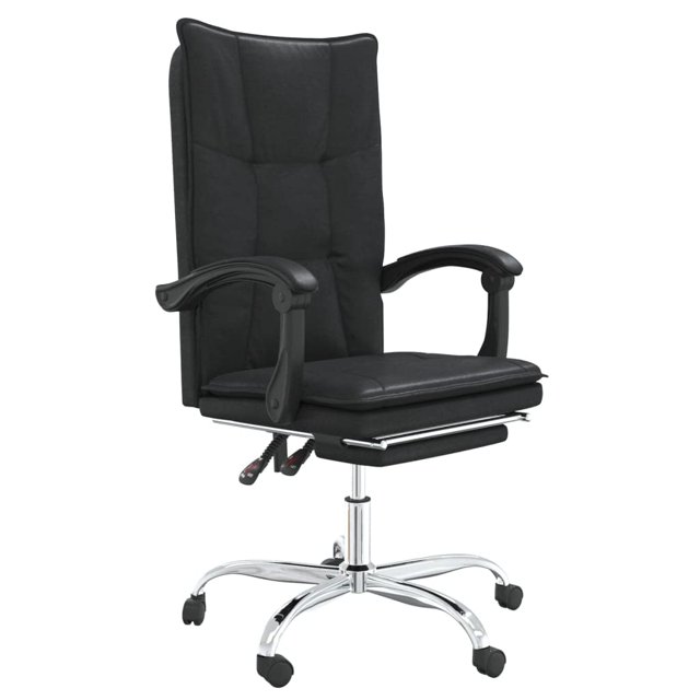silla vidaxl reclinable con ruedas giratoria 360° piel negra — 3/4 frontal de silla de oficina de respaldo alto en piel sintética negra con costuras acolchadas, brazos curvos acolchados, palancas de ajuste visibles y base cromada de cinco ruedas; adecuada también como silla de estudio compacta.