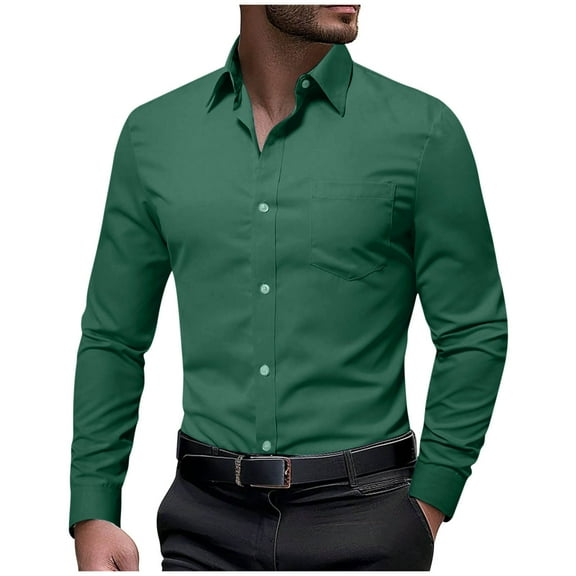 USNSM Mens Dress Shirts 4-Way Stretch Long Sleeve Collared Casual Solid Wedding Dating Button Down Shirt Green S