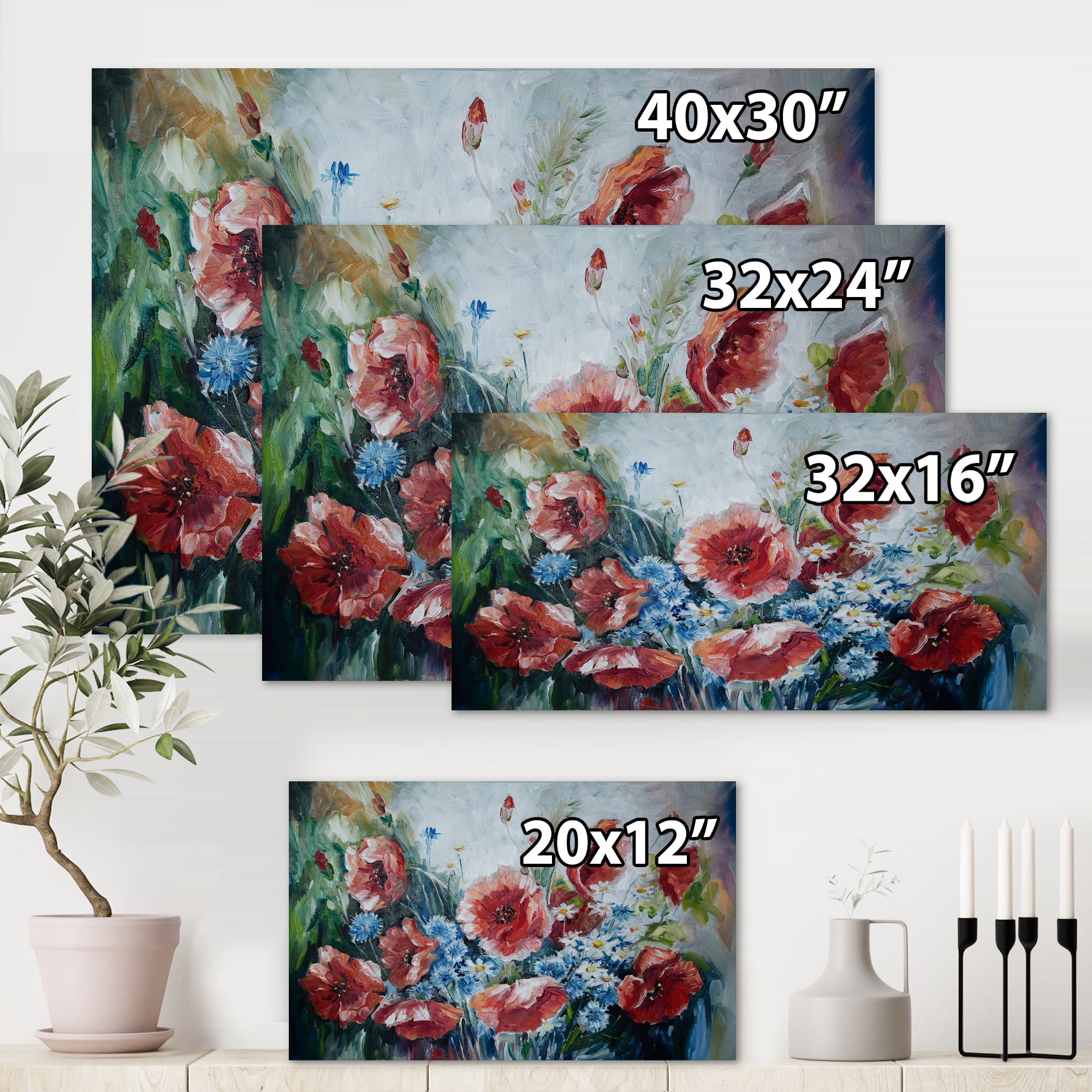 Bouquet of Poppies Retro Style 8 in x 12 in Painting Canvas Art Print, by Designart