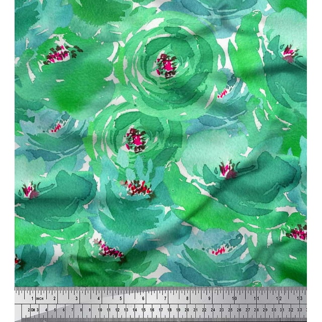 Soimoi Green Viscose Chiffon Fabric Flower Watercolor Print Sewing Fabric BTY 42 Inch Wide