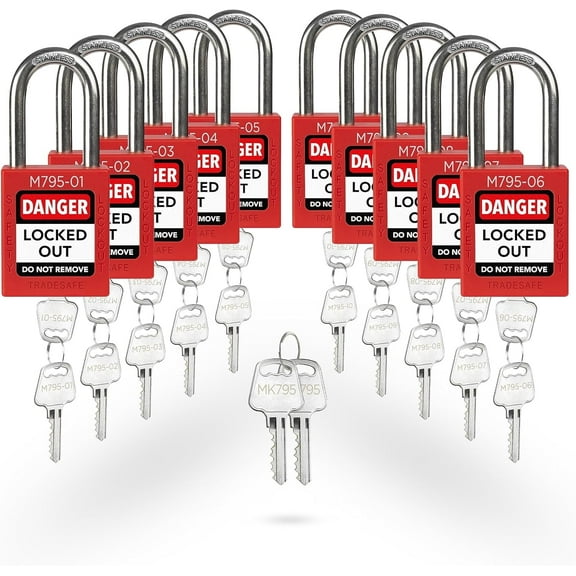 TRADESAFE Lockout Tagout Locks with Master Keys, Red Keyed Different LOTO Locks, 10 pcs, 2 Keys