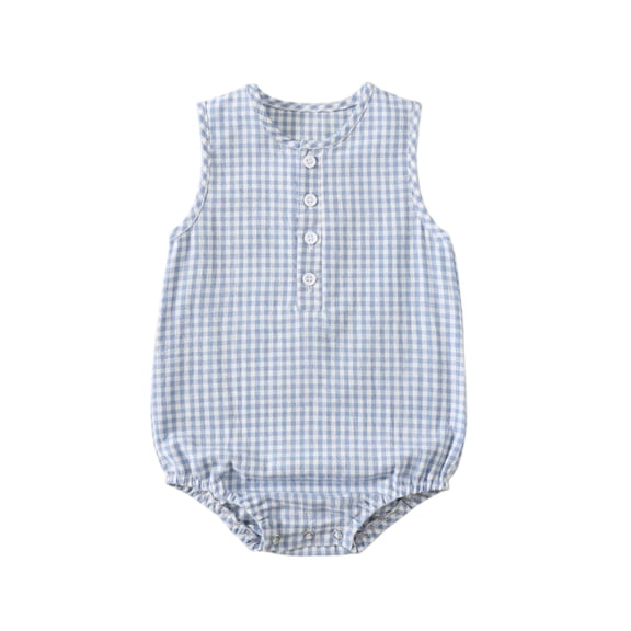 Lopecy-Sta Baby Rompers Fashion Outfit Cute Crew Neck Sleeveless Summer Smocked Bubble Romper Plaid Bodysuit with Button