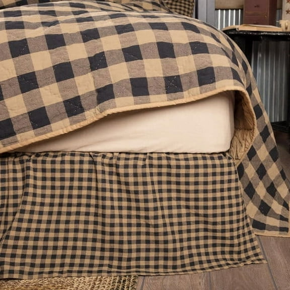 VHC Brands Check Bed Skirt 39x76x16 Country Rustic Design, Twin, Black and Tan