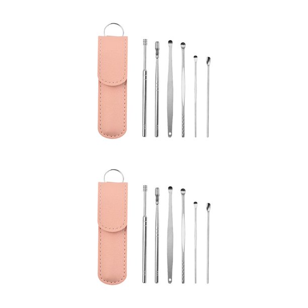 Seitruly 6 piezas de palillos para los oídos, Kit de removedor de cera para los oídos de acero inoxidable, limpieza de curetas, recogedores Rosado 2Conjunto