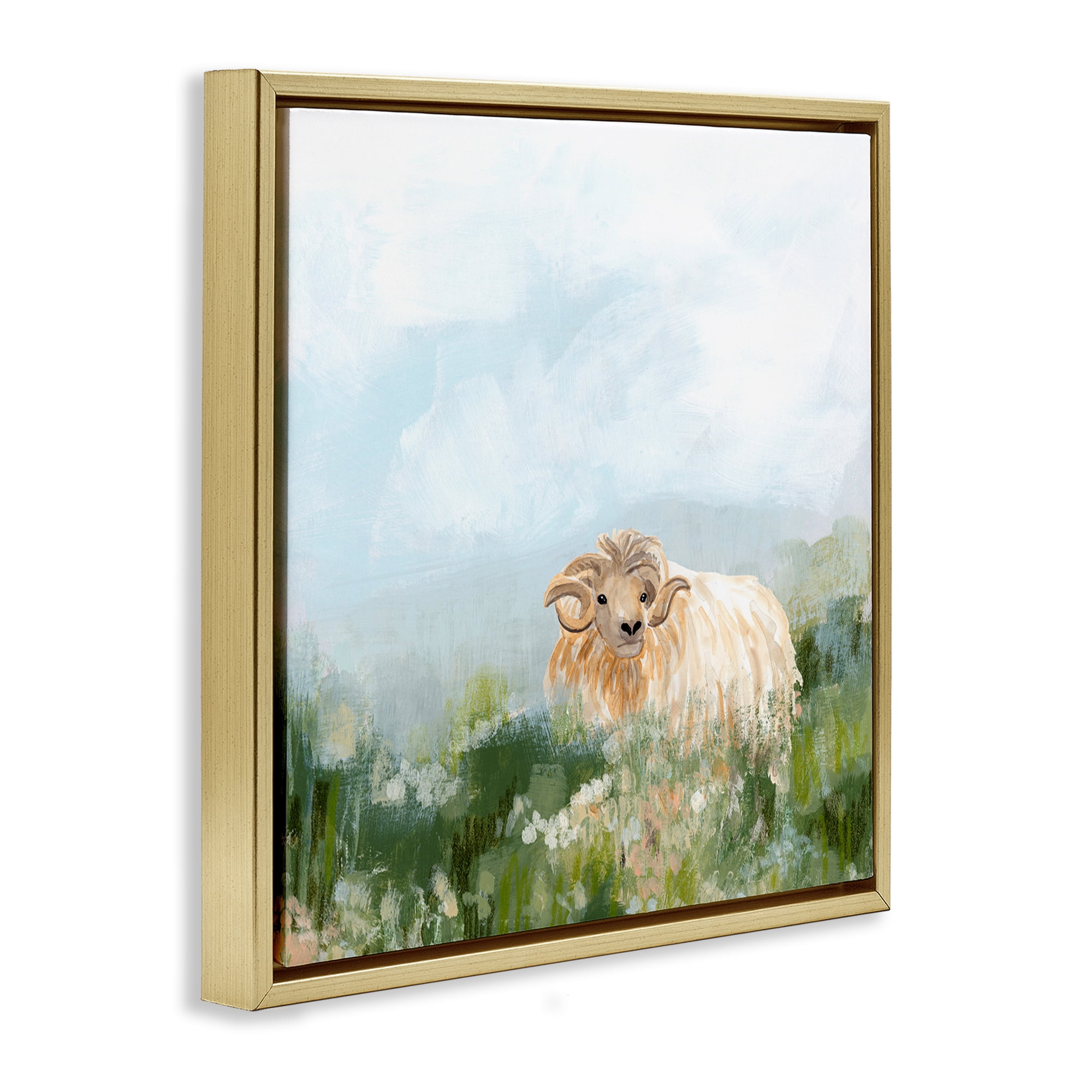Stupell Industries Rural Goat in Meadow Animals & Insects Painting Gold Floater Framed Canvas Art Print Wall Art, 25 x 25