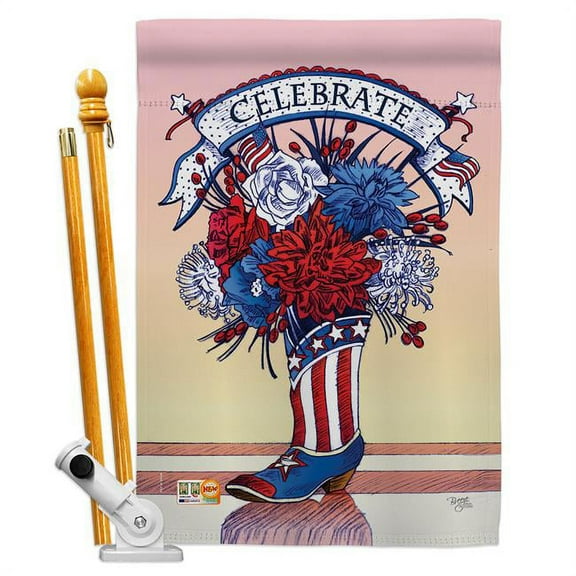 Breeze Decor BD-FJ-HS-111007-IP-BO-D-US15-AL 28 x 40 in. American Boots Americana Fourth of July Impressions Decorative Vertical Double Sided House Flag Set with Pole Bracket & Hardware