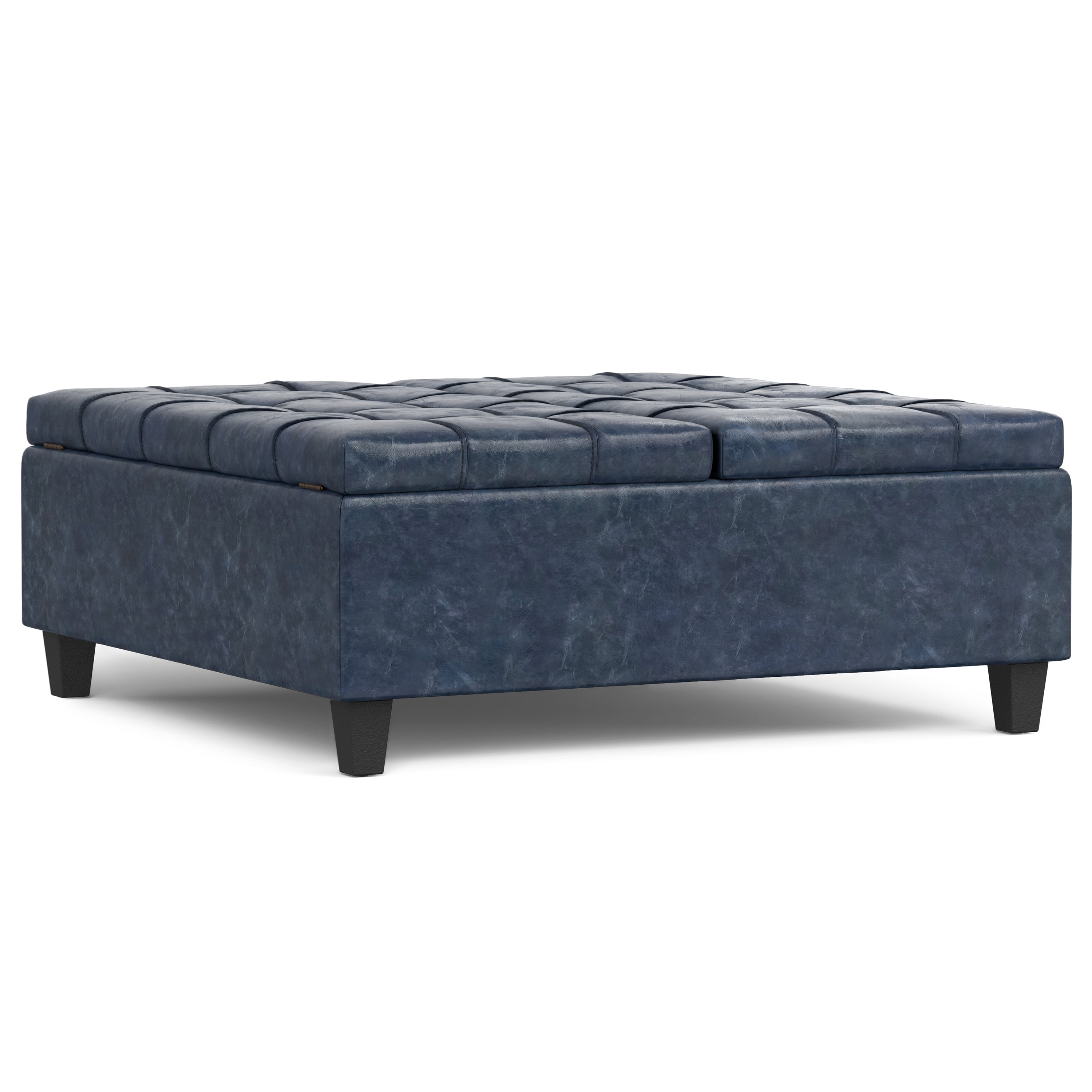 Harrison 40 inch Wide Transitional Large Square Coffee Table Storage Ottoman in Denim Blue Vegan Leather
