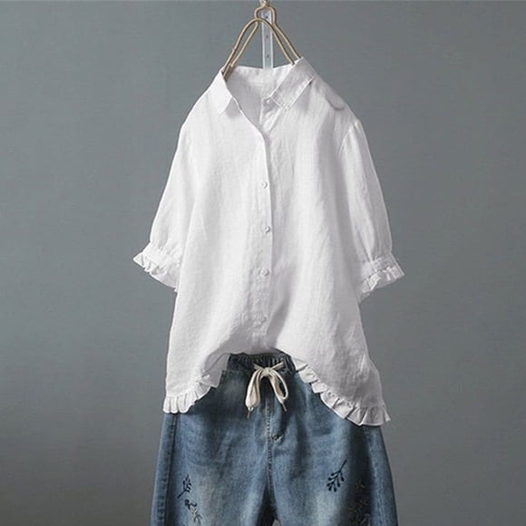 Button Down Shirts For Women,Fashion Women New Style Cotton Linen Solid Color Shirts Puff Short Sleeve Turndown Collar Blouses Loose Casual Ladies Tops