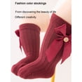 thumbnail image 3 of Faithtur Girl Ribbed Socks Pair, Toddler Elastic Cuff Solid Color Bow Decor Middle Length Baby Stockings, 3 of 4