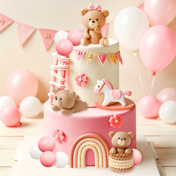 Pink Bear Fairy Tale Cake Decoration Set - 3D Themed Party Decor for Birthday & Afternoon Tea