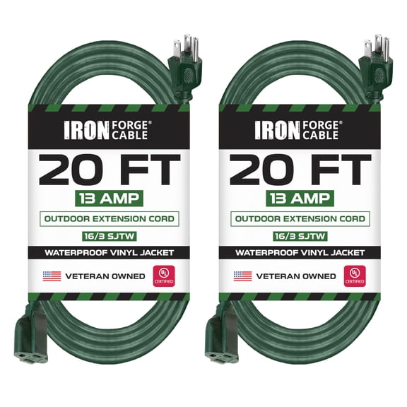 Iron Forge Cable 2 Pack Weatherproof 20 Ft Outdoor Extension Cord - 16/3 SJTW Heavy Duty Green Extension Cord 3 Prong - 13 Amp Exterior Power Cable