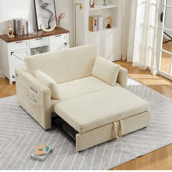 Danolapsi 48'' Loveseat Sleeper Sofa Bed, Corduroy Couch with Adjustable Backrest, Charging Station and Side Pockets, Loveseat with Pull Out Bed for Living Room, Bedroom and Apartment(ship in2 boxes)
