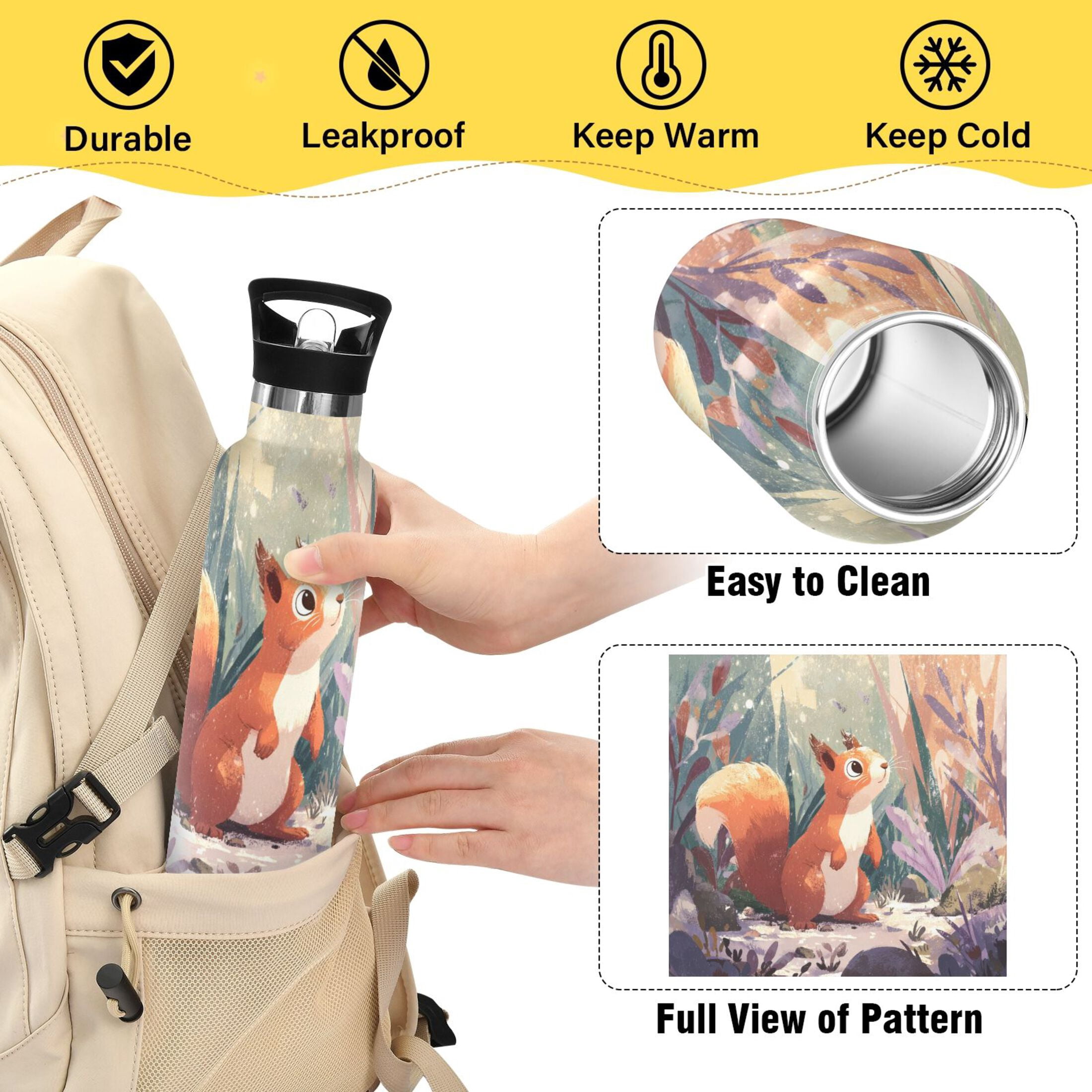 Kids Insulated Stainless Steel Sports Water Bottle 600ml Cute Little Squirrel
