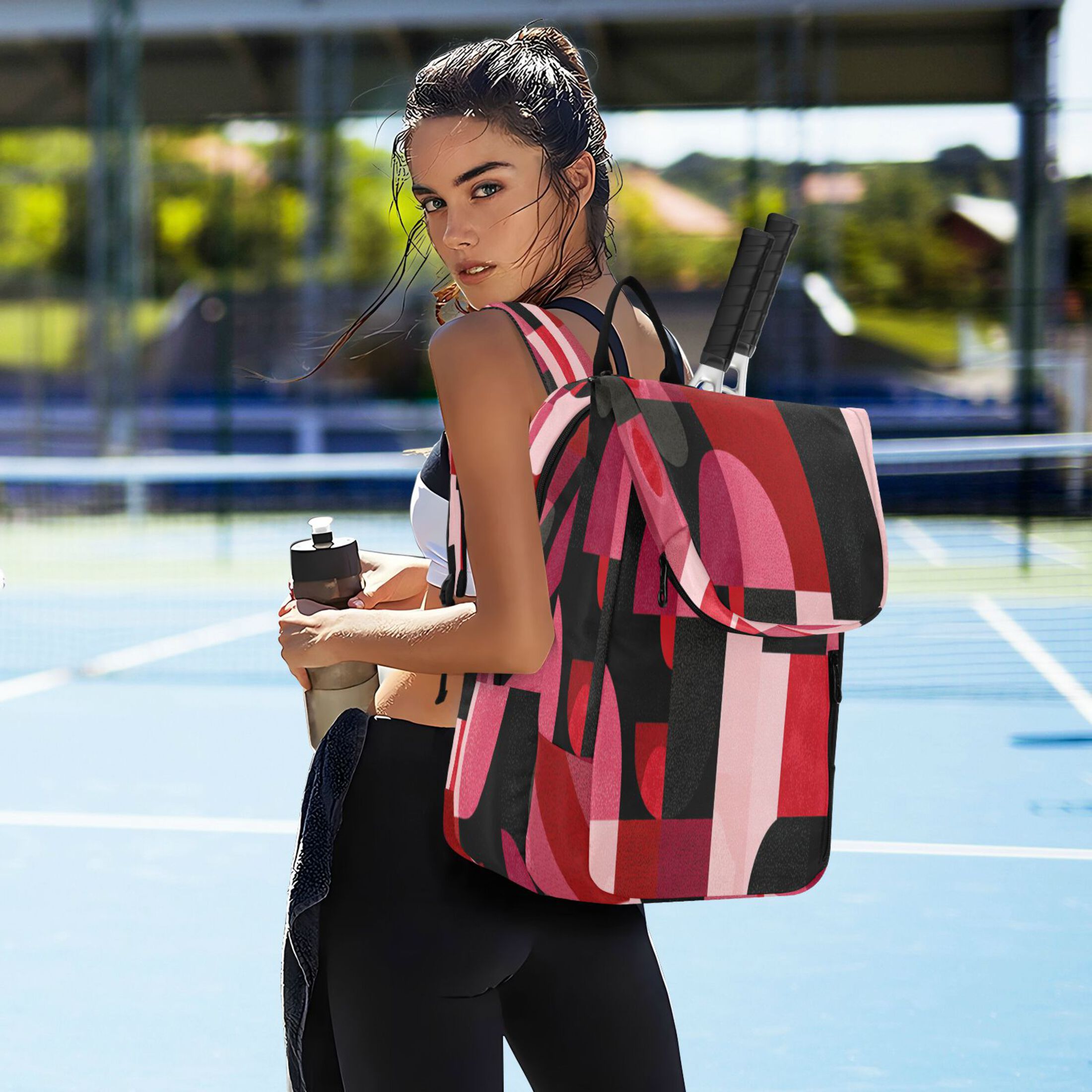 2 Racquet Holder Tennis Backpack Tennis Racket Covers Gym Bags Red and Black Record Pattern