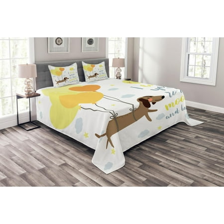I Love You Bedspread Set, Cute Dog with Balloons and Hearts Sun Clouds Puppy Baby Best Friends, Decorative Quilted Coverlet Set with Pillow Shams Included, Yellow Cocoa Blue Grey, by (Best Bedding For Puppies)