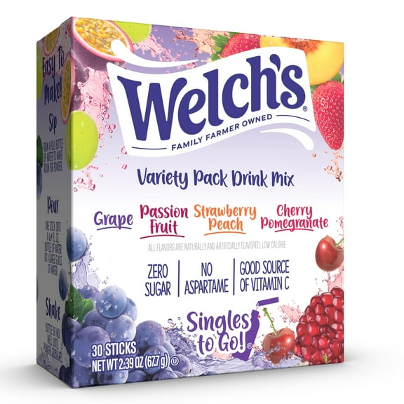 Welch's Singles To Go Variety Pack, Watertok Powdered Drink Mix, Includes 4 Flavors, Grape, Passion fruit, Strawberry Peach, Cherry Pomegranate, 1 Box (30 Servings)
