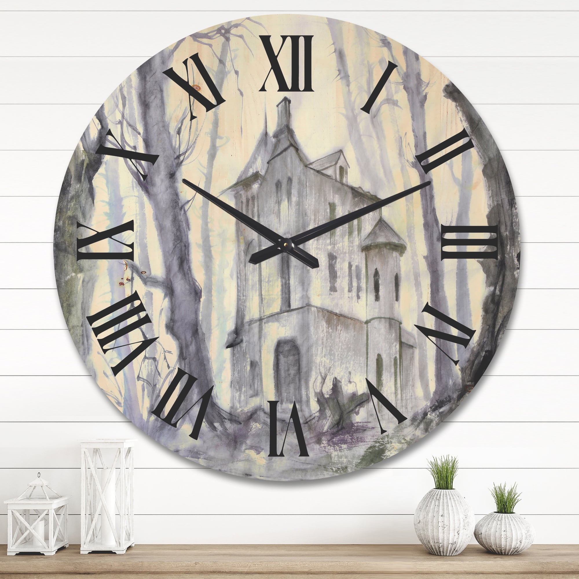 Designart 'Old Haunted Castle In The Woods' Traditional Wood Wall Clock