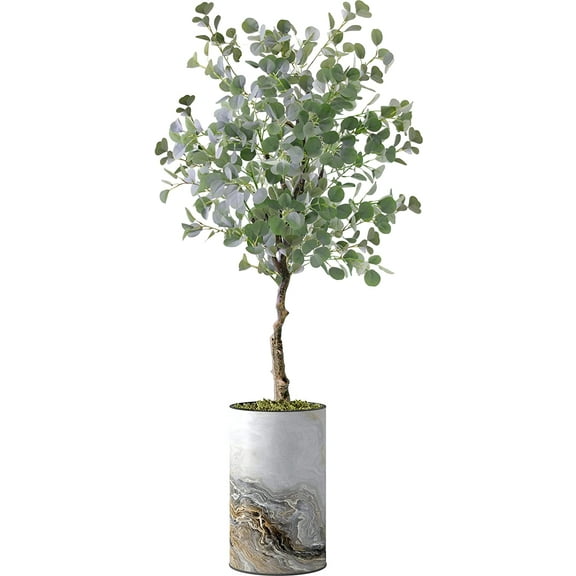 Artificial Tree in Modern Granite Effect Planter, Fake Eucalyptus Silk Tree for Indoor and Outdoor Home Decoration - 57" Overall Tall (Plant Pot Plus Tree)