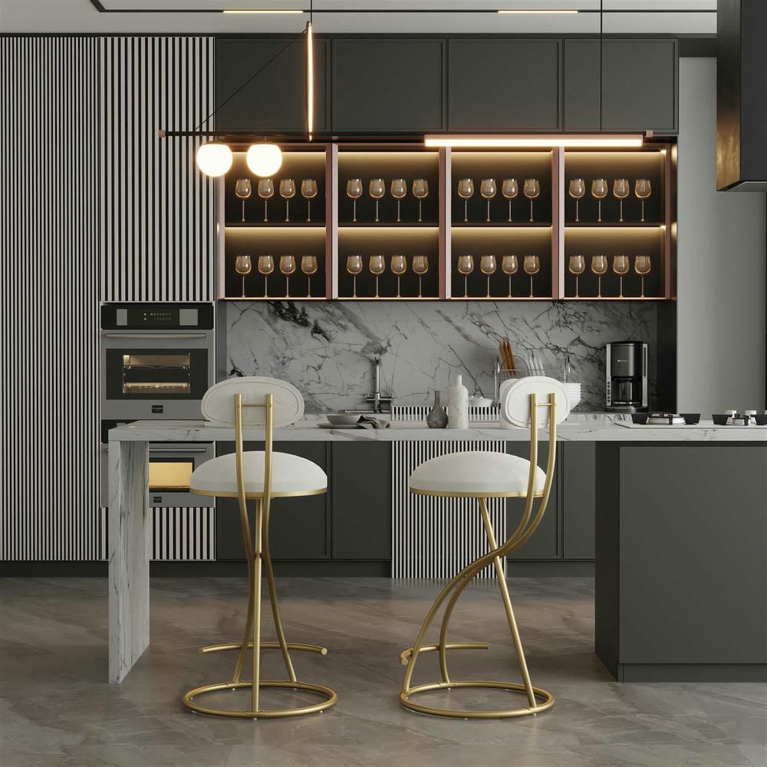 Demi Bonn 33" Counter Height Bar Stools Set of 2, Velvet Upholstered Barstools with Back, Kitchen Island Countertop Chairs for Dining Room, White