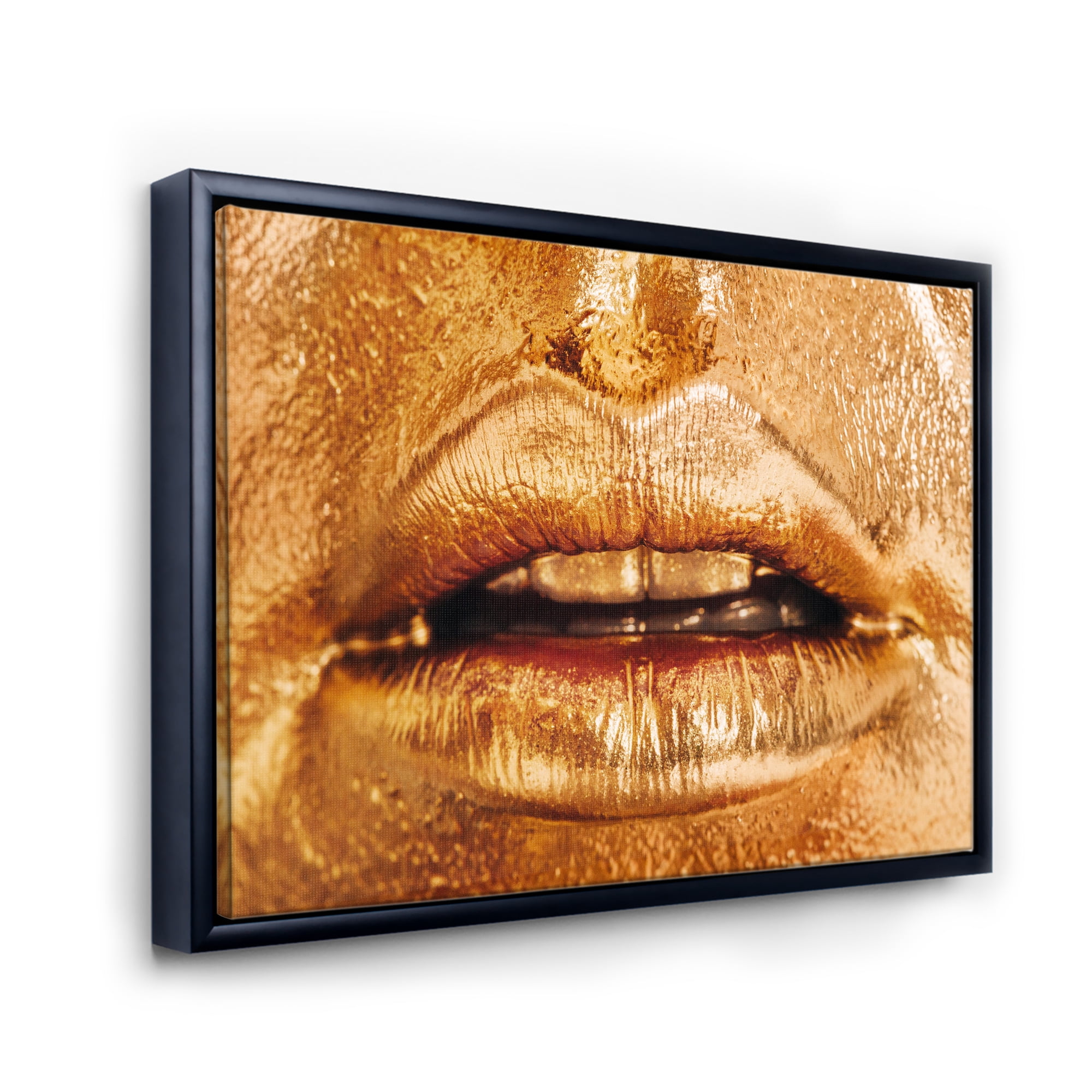 Designart 'Close Up Of Female Lips With Bright Golden Makeup' Modern Framed Canvas Wall Art Print