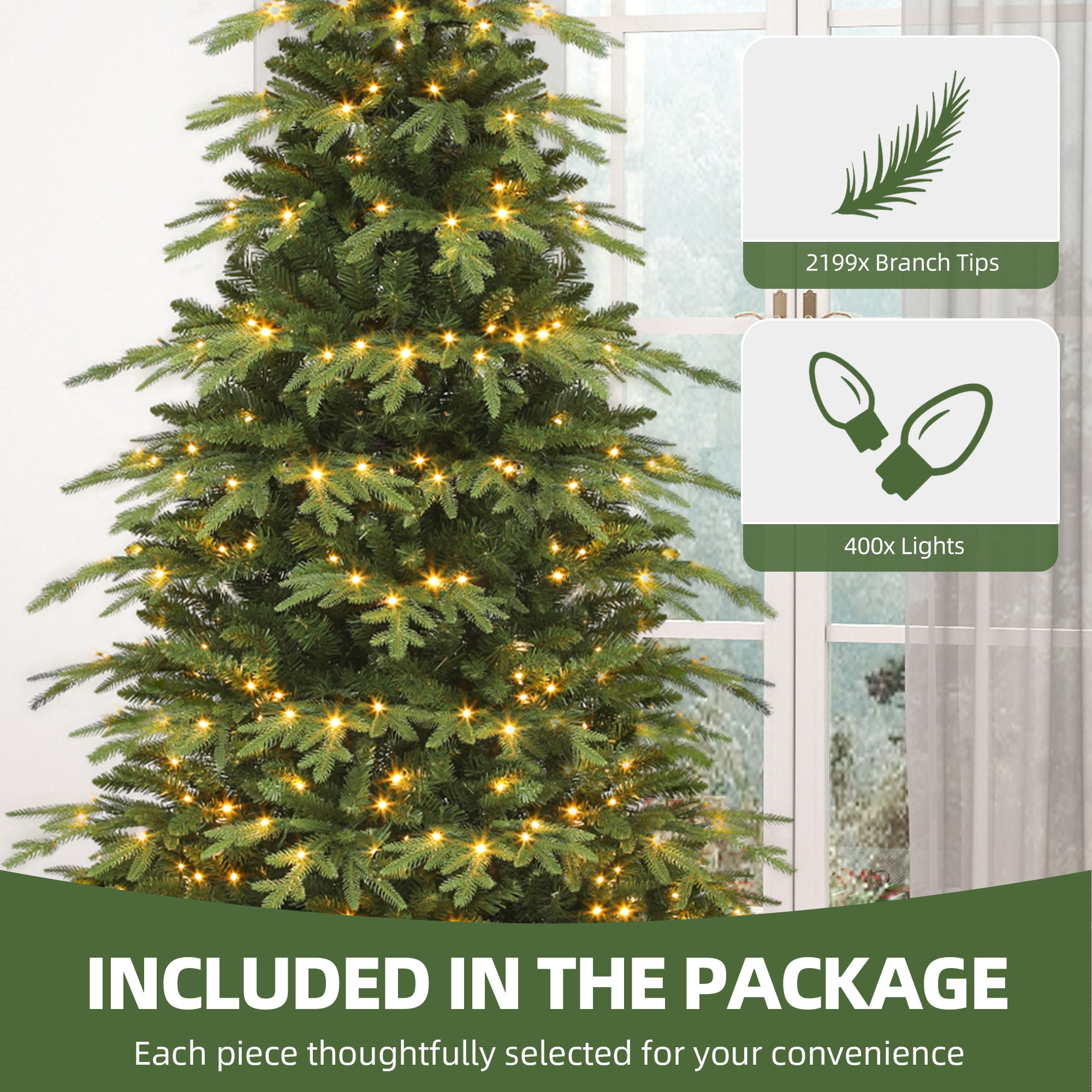 Uforic 7.5 ft Pre-lit Slim Pencil Artificial Christmas Tree with 2199 PE&PVC Tips & 400 Lights,11 Light Modes, Green
