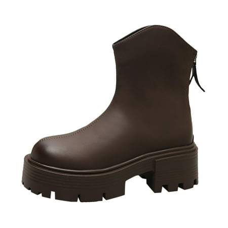 OJSFQUFP Womens Shoes Winter Warm Boots Women s Autumn and Winter Fashion Thick Soled Round Head Heel Skinny Boots with Zipper Back Elevating Boots Womens Waterproof Boots Brown 38