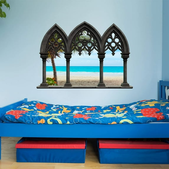 VWAQ - Castle Window Decals for Walls Ocean Beach Palm Trees Wall Decals Sea Decor Sticker Seascape Mural - NWC15