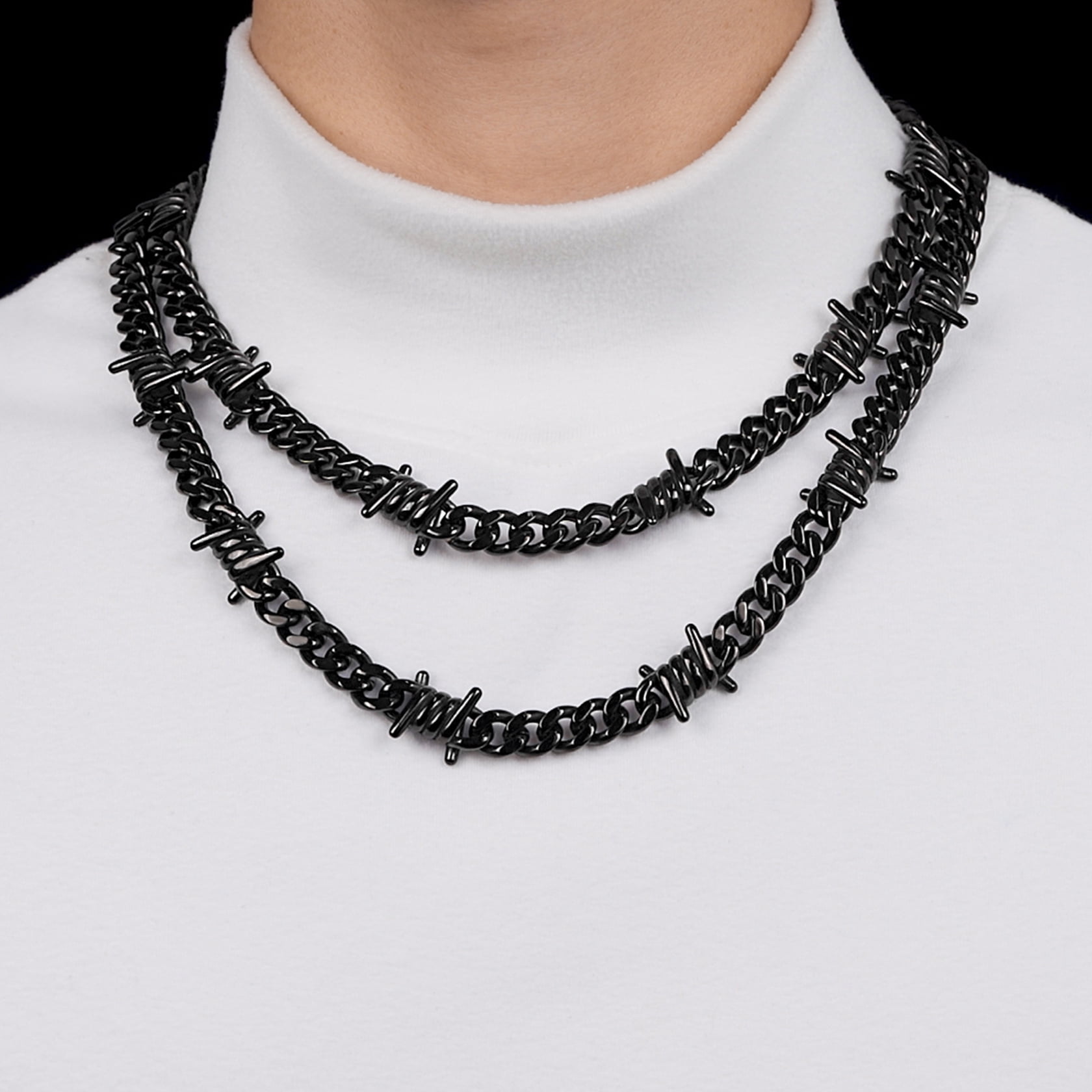 ChainsHouse Black Barbed Wire Necklaces for Men Women Punk Thorns Chain Necklace 9mm Width Chunky Chains Jewelry Gift, 16 inch