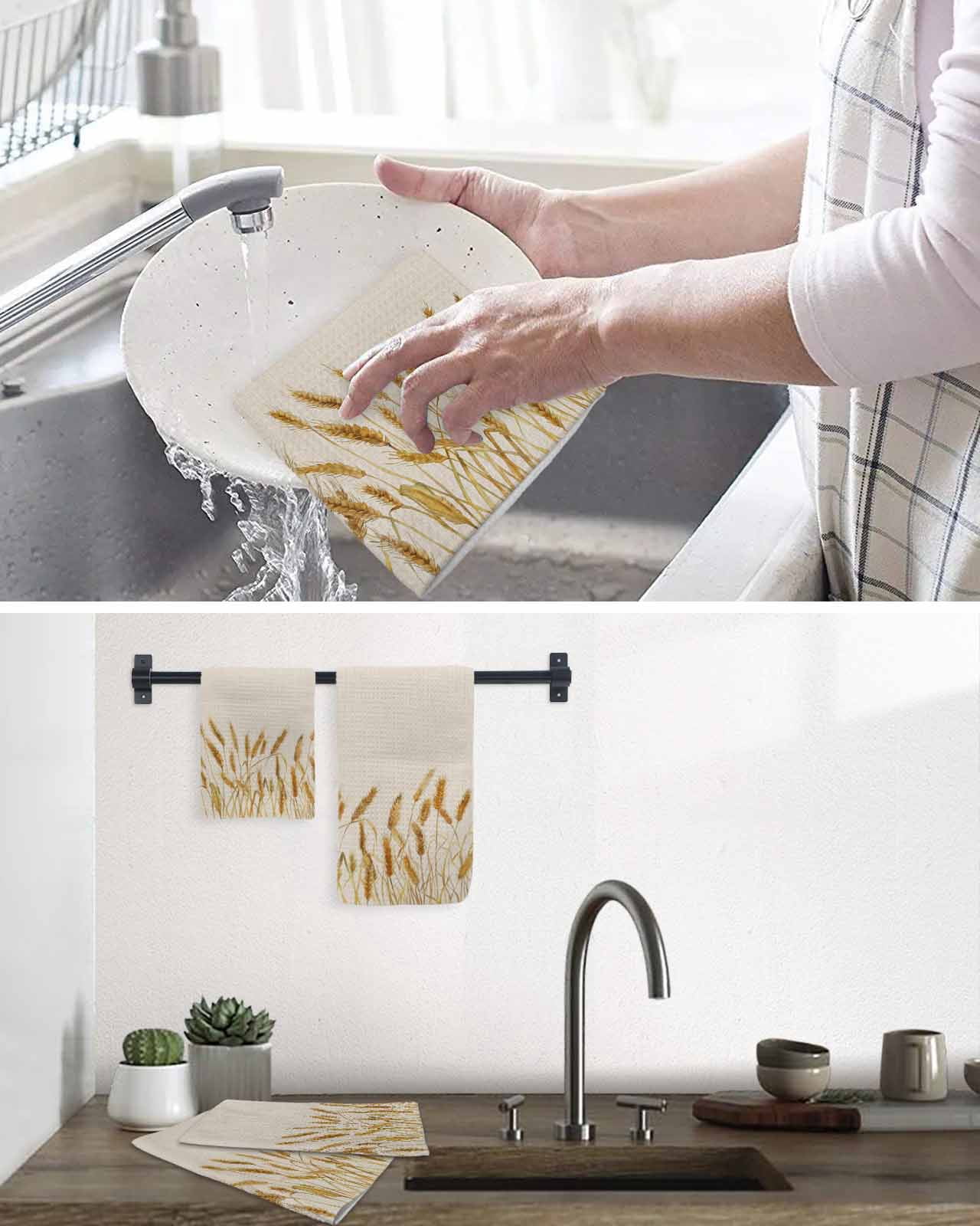Fall Wheat Kitchen Dish Towels for Drying Dishes Set of 2, Autum Botanical Rustic Yellow Orange Waffle Weave Microfiber Hand Tea Bathroom Towels Quick Dry & Absorbent Towel 15.7x23.6