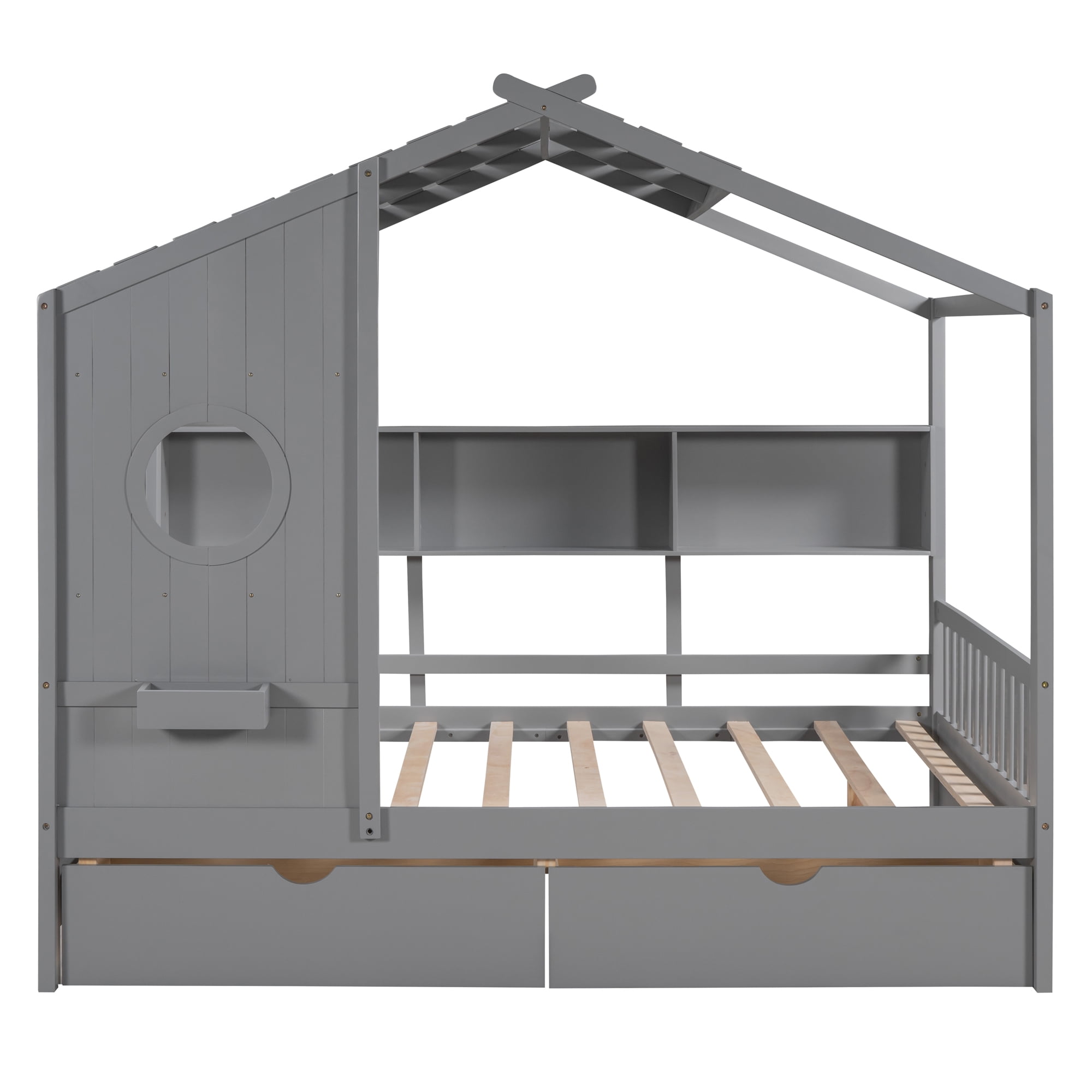Harper & Bright Designs Full Size House Bed with Roof and Window, Wooden Daybed Frame with Shelves and 2 Drawers for Girls Boys, Gray