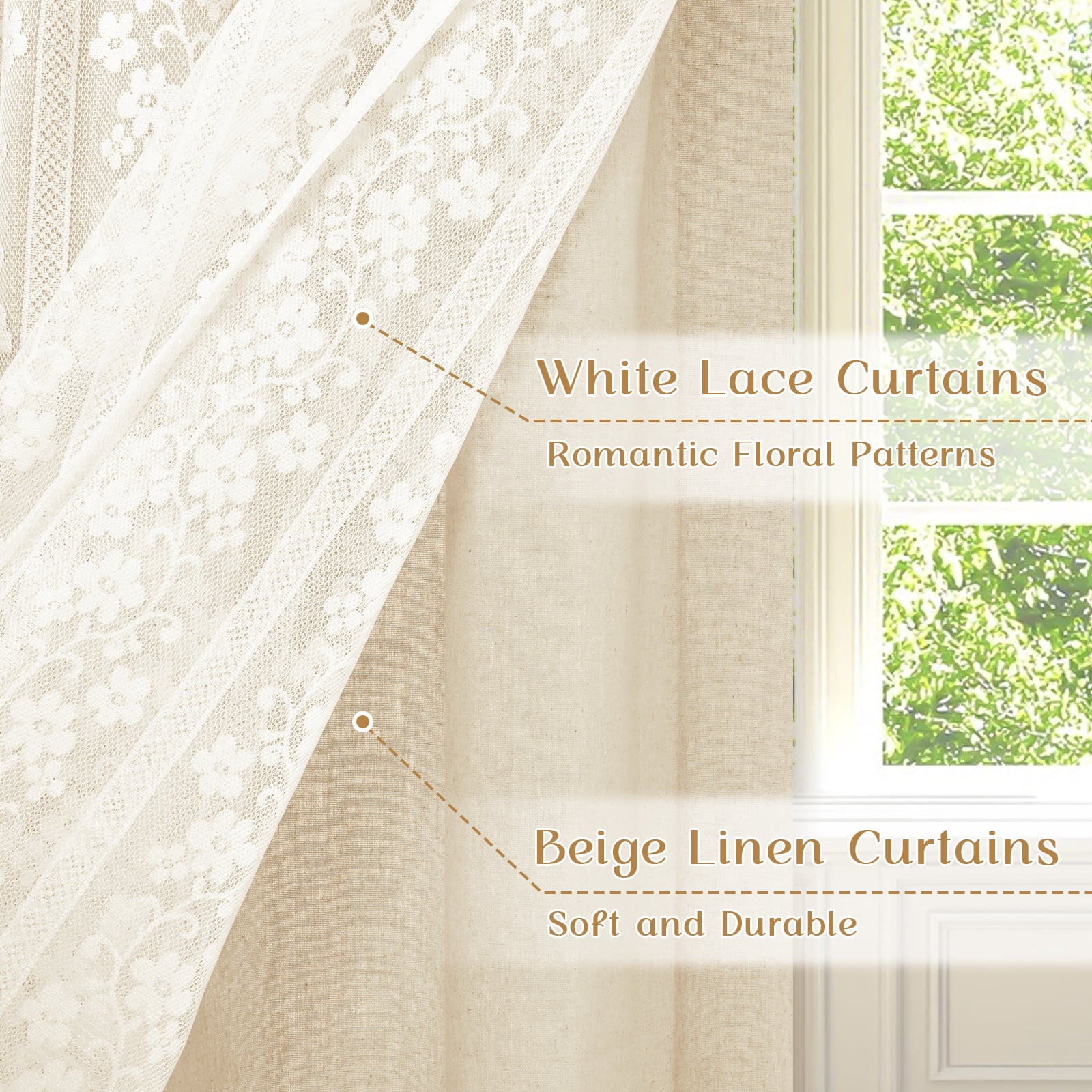 Alishomtll Beige Linen Lace Sheer Double Layer Light Filtering Valance Curtains , Rod Pocket,52 x 18 in