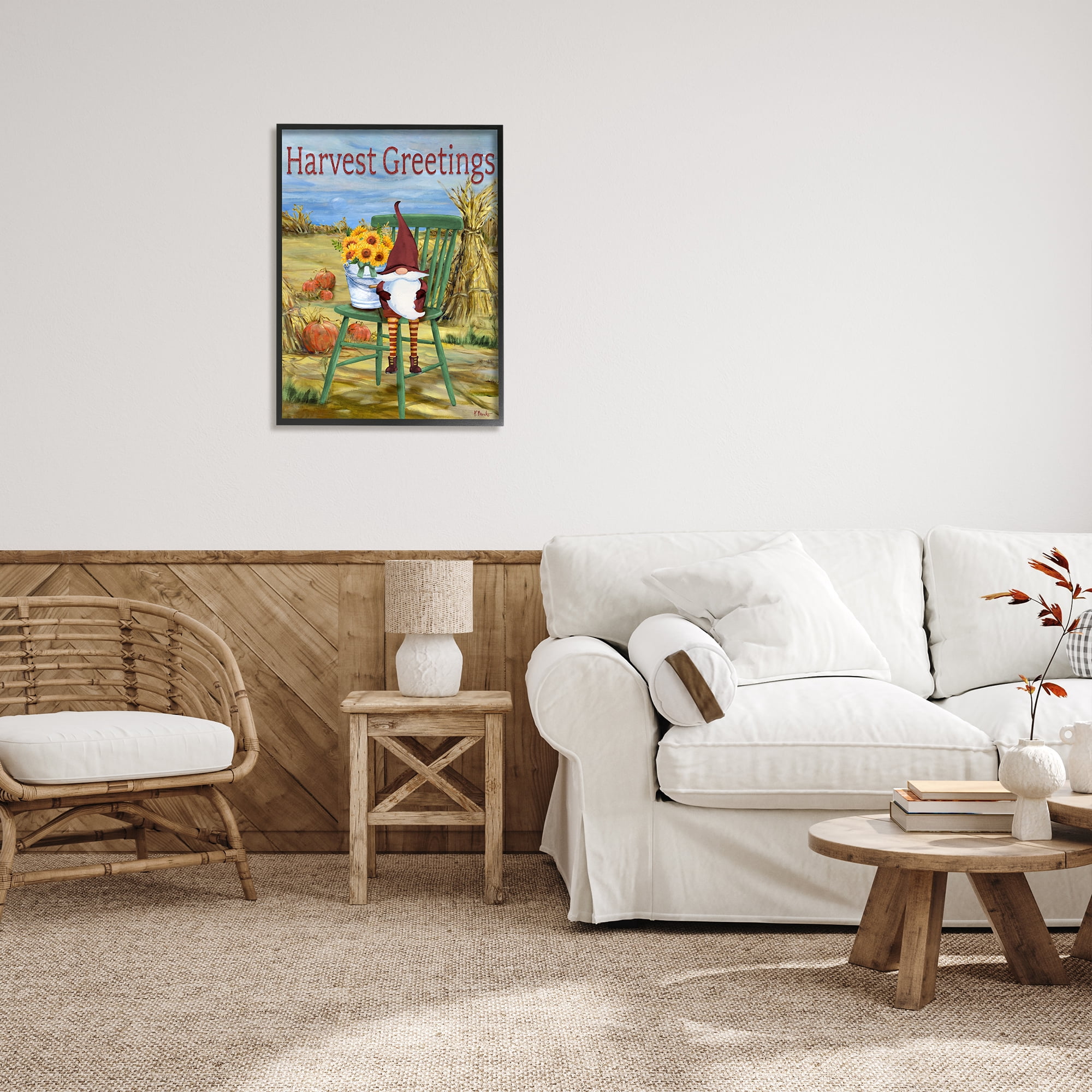 Stupell Industries Harvest Greetings Gnome Landscape Painting Black Framed Art Print Wall Art, 24 x 30