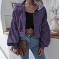 thumbnail image 2 of IROINNID Women's Short Zip Up Jacket Turndown Lapel Solid Color Long Sleeve Winter Zipper Stylish Cardigan, Purple, 2 of 4
