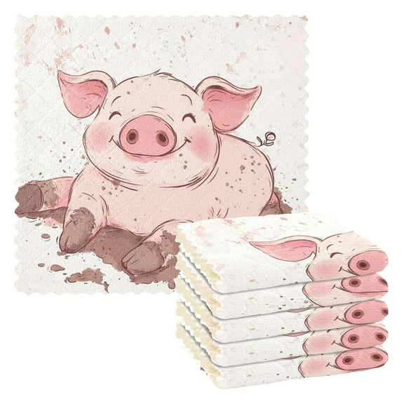 Qxltty Pink Pig Kitchen Towels Set of 6 Ultra Soft Absorbent Quick Drying Dish Cloths 11 x 11in