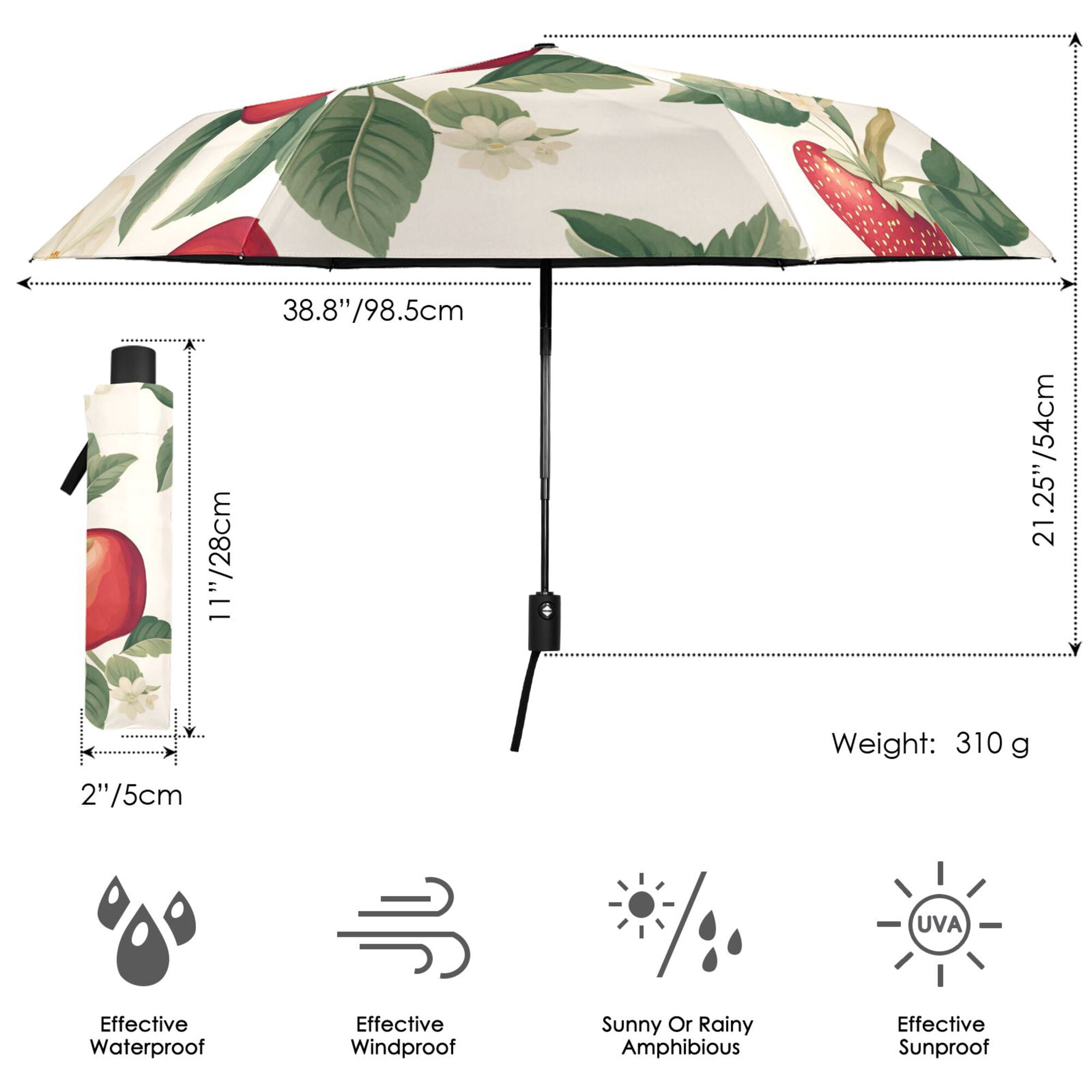 FORMRS Travel Umbrella Folding Auto Open Close Windproof Rain UV Protection, Apples Flower Pattern