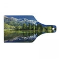 thumbnail image 1 of Outdoor Cutting Board, Snowy Mountains Evergreen Spruce Reflected in Lake City Park Chamonix France, Tempered Glass Cutting and Serving Board, Wine Bottle Shape, Blue Green White, by Ambesonne, 1 of 1