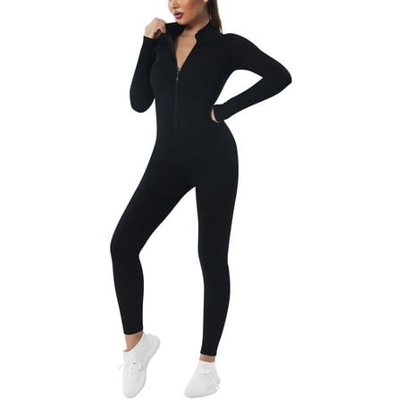 

Off The Shoulder Jumpsuits For Women Custom Sports Lady Turtle Neck Solid Color Bodysuit Bodycon Long Sleeve Half Zip Up Overalls Black S