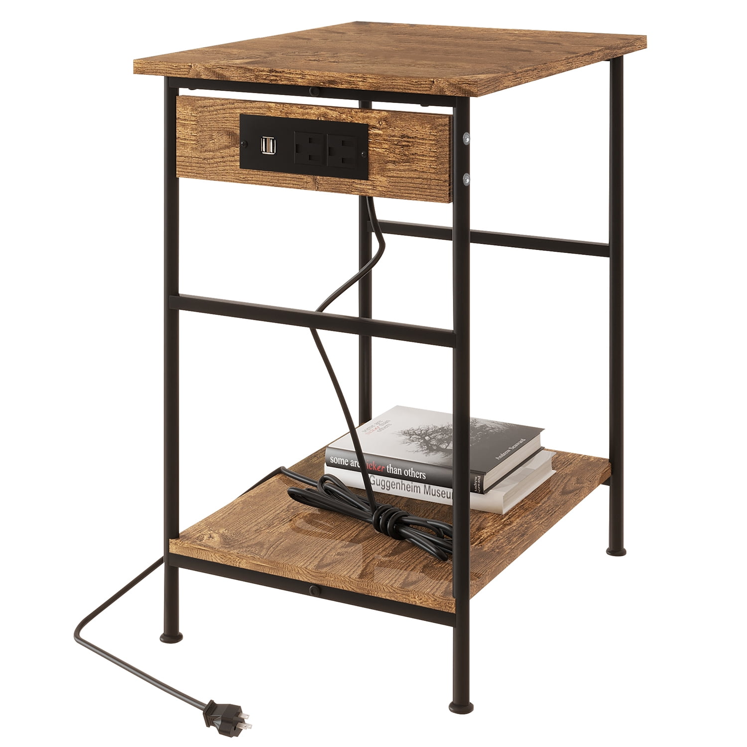 Untyo 2Tier End Table with Charging Station Sofa Table with Storage