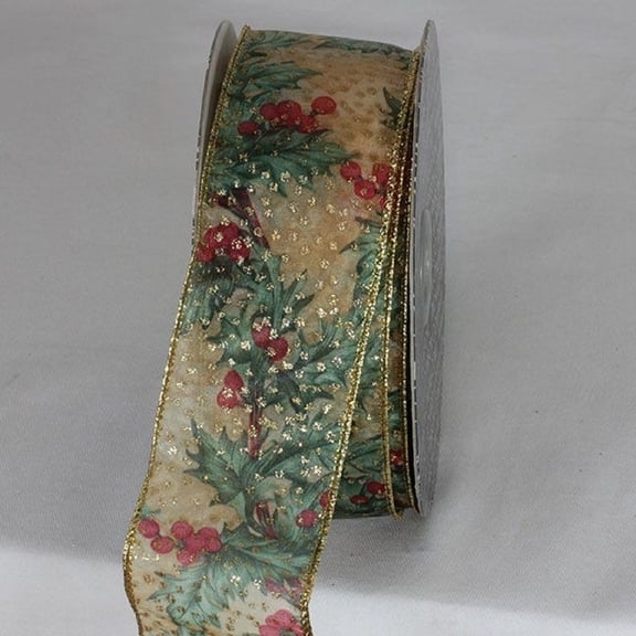 The Ribbon People Gold Floral Mistletoe Print Wired Craft Ribbon 2" x 20 Yards