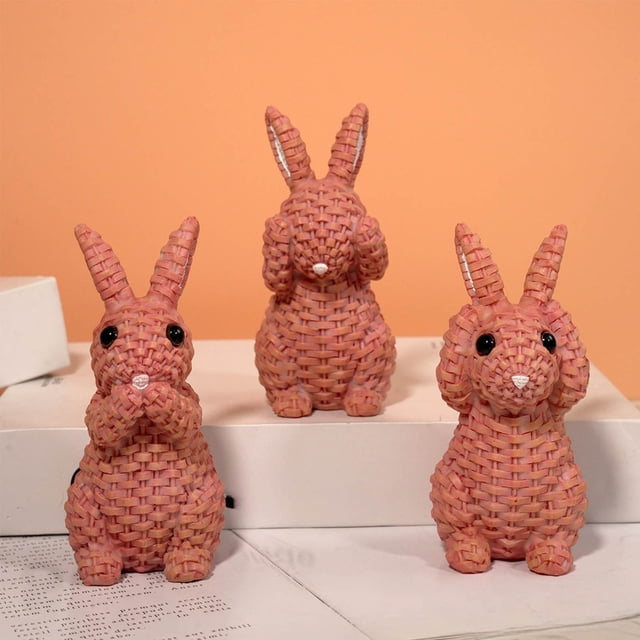 Set de figuras de conejito de Pascua, decoración de mesa de conejos de ratán de resina para casa o jardín, rojo, de tres piezas