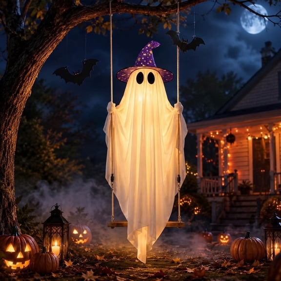 10 FT Hanging Swinging Ghost with Bat & Purple Hat, Halloween Decorations Ghosts for The Front Porch Courtyard Cute Decorations Halloween Decor Outdoor for Home