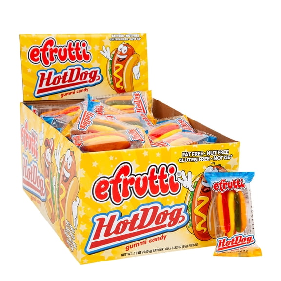eFrutti Gummi Hot Dog Candy – 60 Count Box, 0.32 oz Individually Wrapped Fruity Gummies