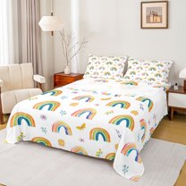 Manfei Vintage Multicolor Rainbow Twin Sheet Sets,Kawaii Daisy Floral Twin Fitted Sheet,Colorful Flowers Flat Sheet For Kids,Luxury Bedroom Decor,3-Piece