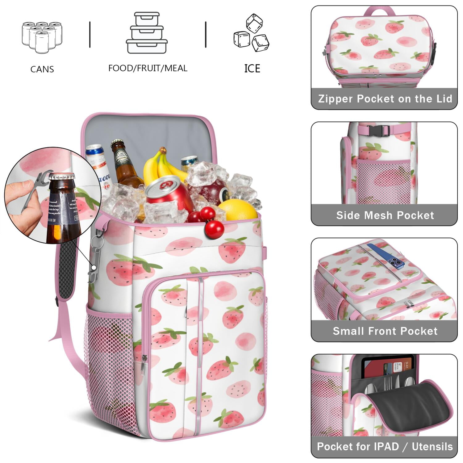 Cooler Backpack 26 Cans Insulated Backpack Cooler for Men & Women,Strawberry Drink Beverage Beer Bag Cooler for Office Workers