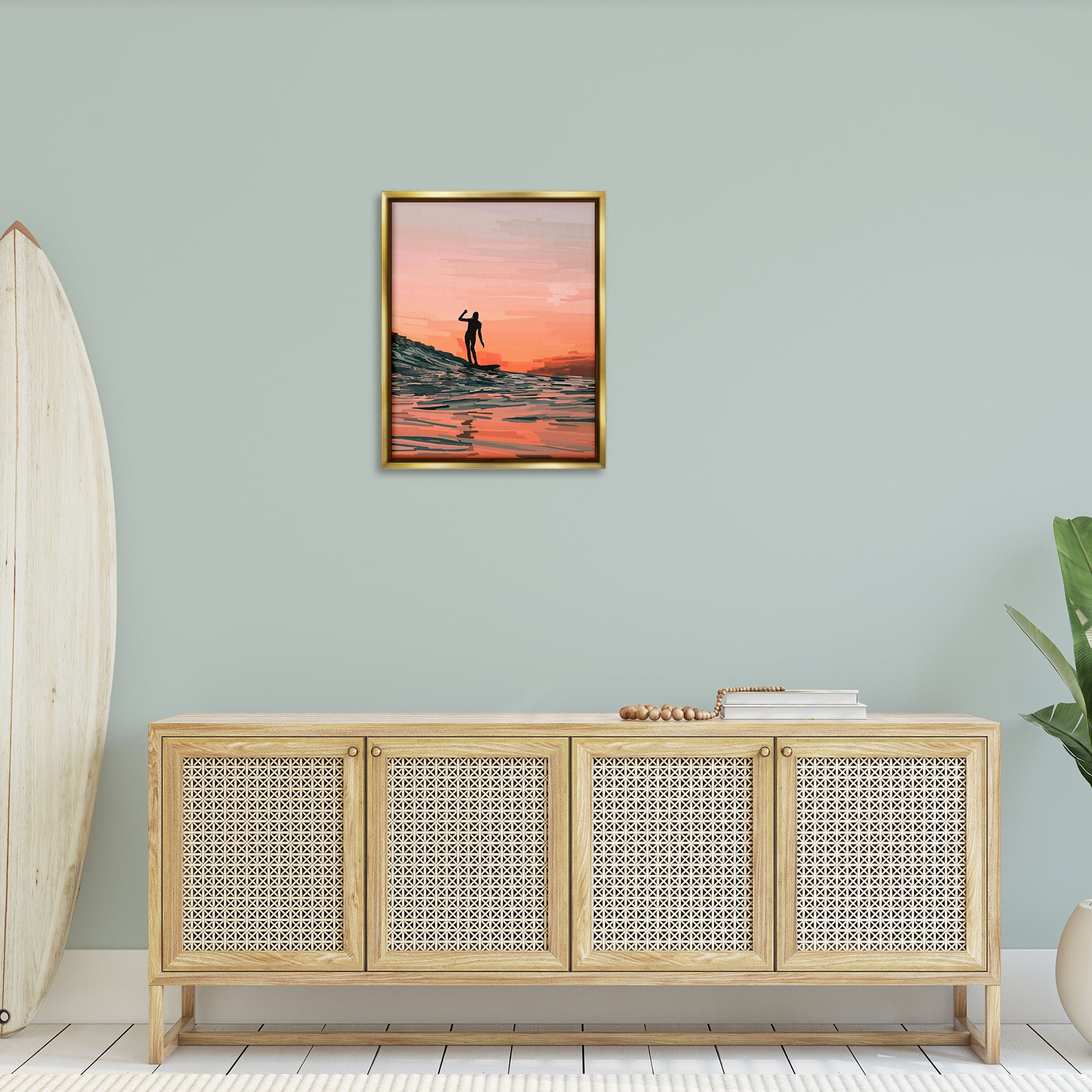 Stupell Industries Woman Surfing at Sunset Nautical & Beach Painting Gold Floater Framed Canvas Art Print Wall Art, 25 x 31