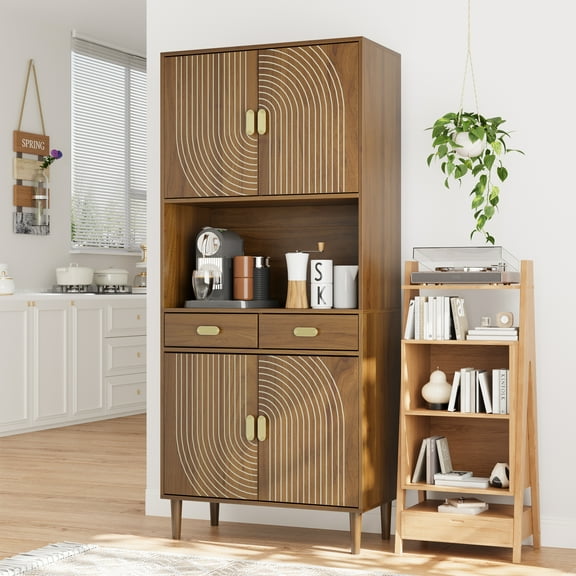 Smart FENDEE 76.77" Pantry Cabinet Kitchen Hutch Cabinet with Microwave Stand for Dining Room,Walnut