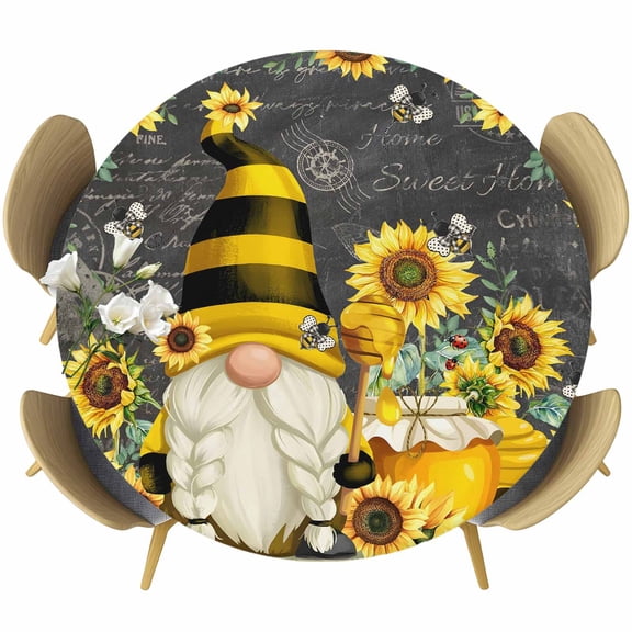 Yellow Sunflower Round Tablecloth, Fitted Table Cover with Elastic for 55"-60" Round Tables, Farmhouse Vintage Bees Gnomes Table Cloth Outdoor Indoor Dinning Party Waterproof Tablecloths